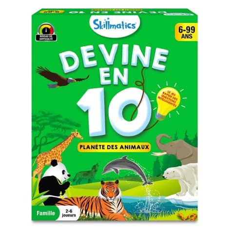 Jeu de cartes Skillmatics Devine en 10 Planète des Animaux, idéal pour jouer en famille ou en voyage dès 6 ans.