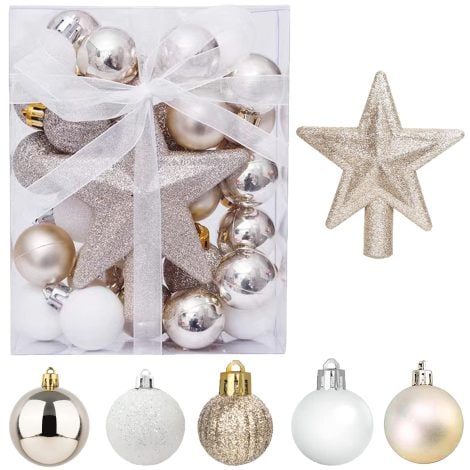 Ensemble de petites boules de Noël or et blanc avec cintre, idéales pour décorer votre sapin de Noël.