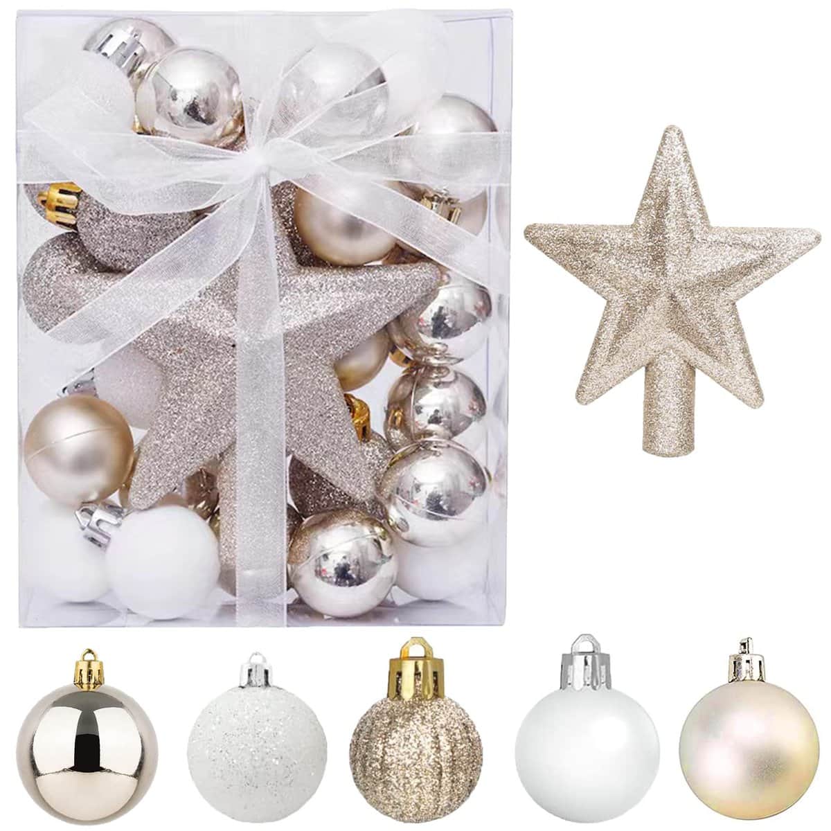 30 Pcs Mini Boules de Noël avec Cintre, 3CM Petites Boules de Noël Or et Blanc Boules Mini Sapin de Noël de Table Décorations de Sapin de Noël Ensemble