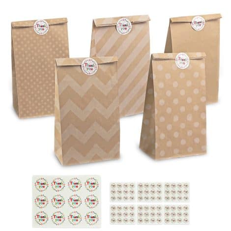 Sac cadeau en papier kraft avec 50 pièces, 84 autocollants pour emballer desserts et cadeaux, idéal pour anniversaires, mariages, Noël et Halloween.