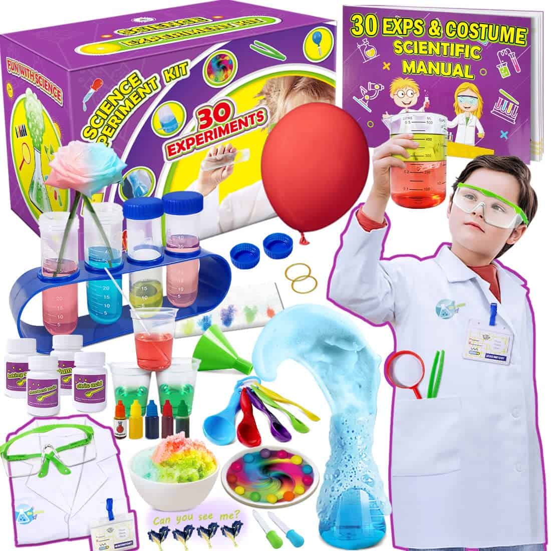 UNGLINGA Kit scientifique pour enfants 30 Experiences Scientifiques Avec manteau de laboratoire Jeu de rôle Jouet éducatif Pour garçons et filles à partir de 3-11 ans Cadeaux d'anniversaire de Noël