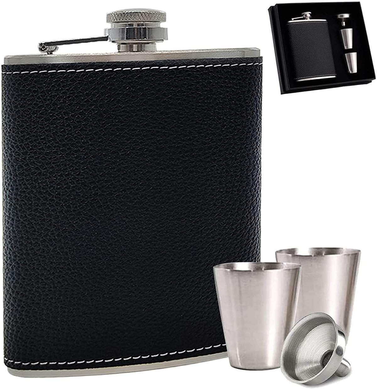 ALMDA Flasque a Alcool, 8oz/227mL Cuir le noir Fiole Alcool Portable Acier Inoxydable, Coffret cadeau fête des pères / Noël, Peut être un design DIY, Facile à transporter, Convient pour les voyages