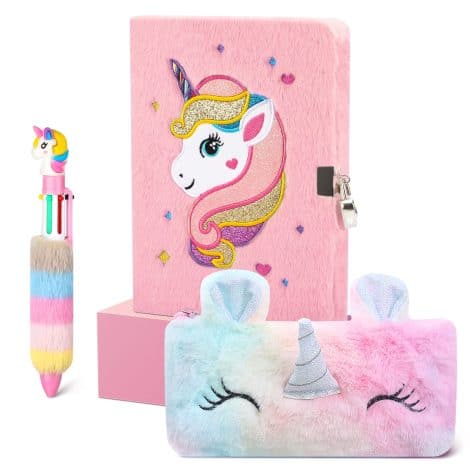 Journal intime pour les filles avec cadenas, carnet secret en peluche incluant un cahier A5 et trousse licorne, cadeau licorne pour filles de 4 à 12 ans, couleur rose.