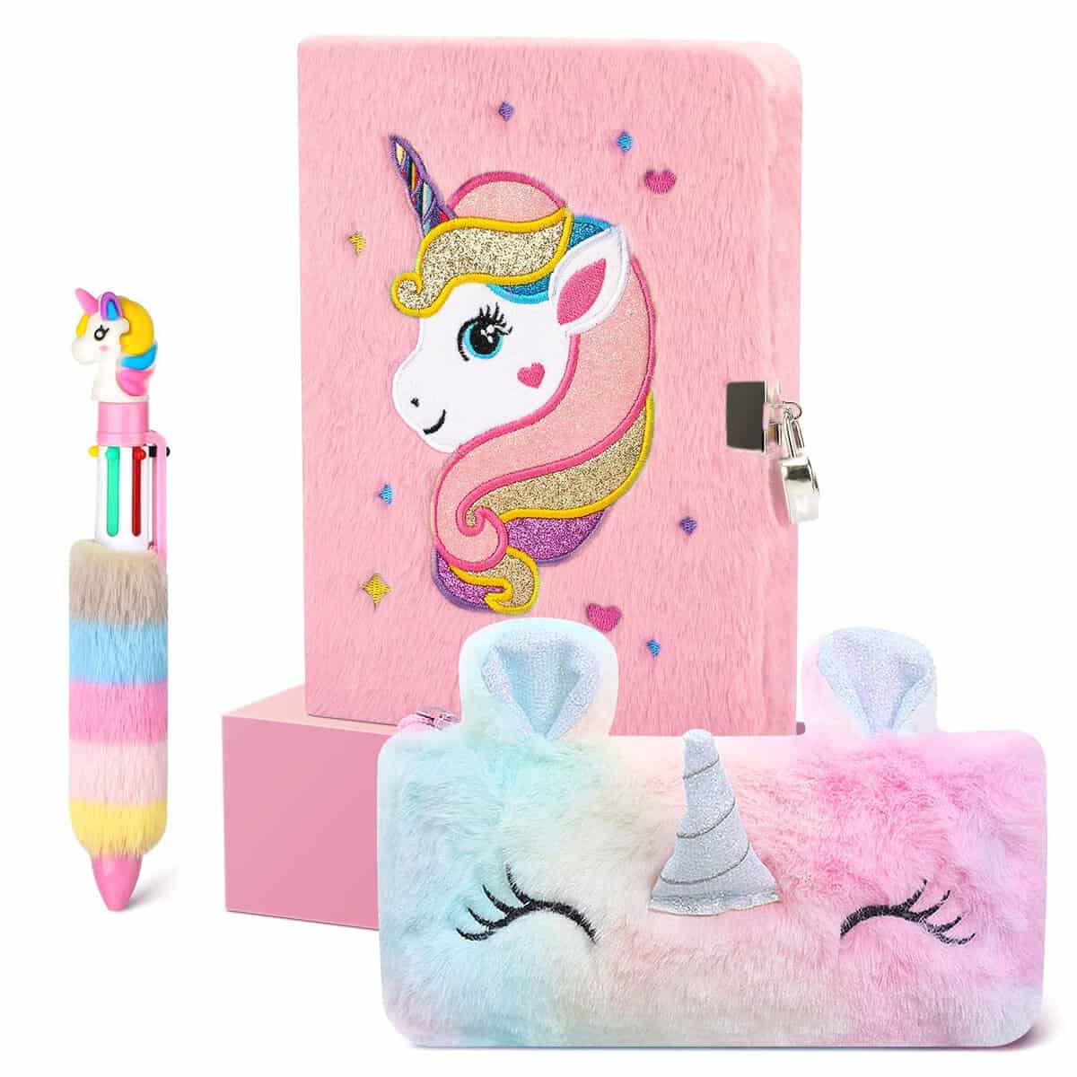 Cooyou Journal Intime Fille avec Cadenas, Carnet Secret pour Fille en Peluche Comprenant une Cahier A5 et une Licorne Trousse à Crayons, Cadeau Licorne pour Fille 4-12 Ans, Rose