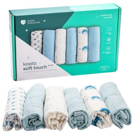 KOALA BABYCARE – Carrés en coton pour bébé 30×30 – Pack de 6 langes polyvalents pour allaitement et emmaillotage – Idéal pour les nouveau-nés – Bleu clair.