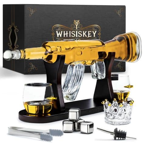 Whisiskey – un coffret cadeau de luxe pour homme, incluant une carafe, des verres à whisky, et des pierres à whisky.