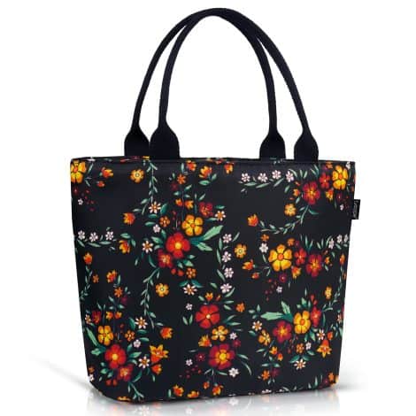 Sac à lunch isotherme Gloppie pour femme avec 9L de capacité, imperméable et doublure étanche, idéal pour pique-niques nomades, motifs fleuris et noir.