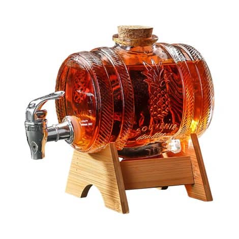 Carafe à Whisky avec Support en Bois de 1000ML, Tonneau en Verre avec Robinet, Idéal pour Alcools forts, Cadeau pour Hommes.