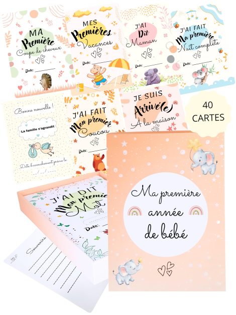 Coffret Naissance de Cartes Étapes Bébé unisexe – 40 cartes Recto/Verso – Pour Cadeau Baby-Shower ou Parents.