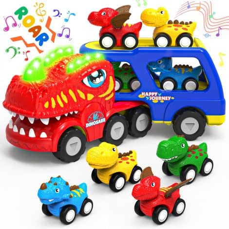 Ensemble de Jouets de Voiture pour Tout-Petits à Thème Dinosaures, Cadeau d’anniversaire Camion de Transport 5-en-1 pour Garçons de 1 à 5 Ans, avec Sons et lumières.