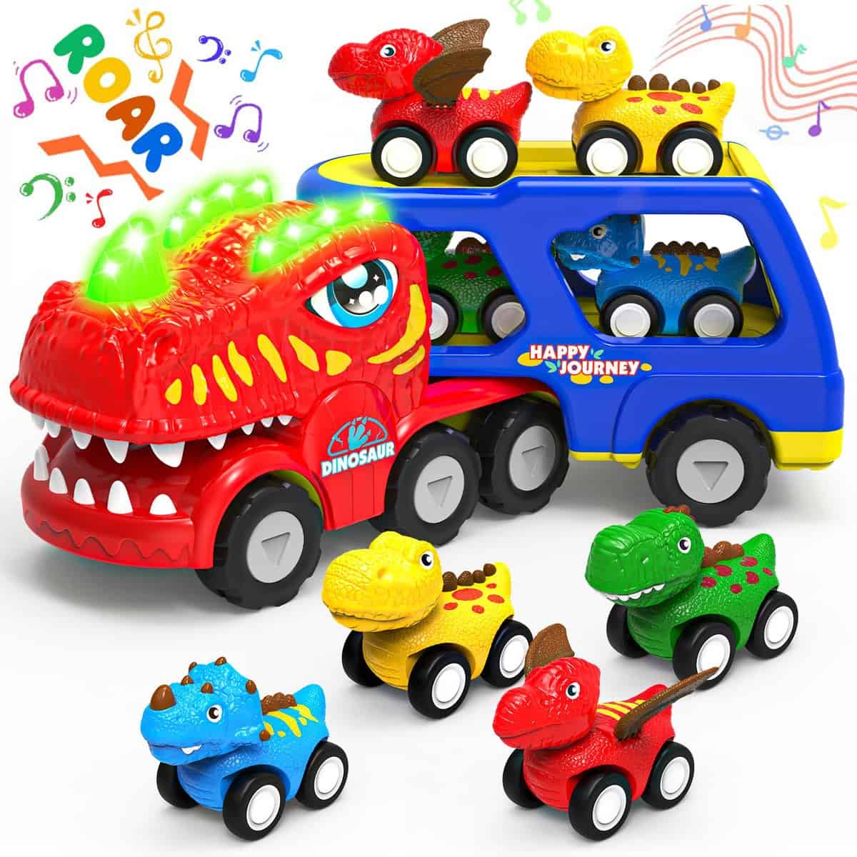 Lshfjnd Jouets de Voiture pour Tout-Petits Dinosaures pour garçons de 1 à 5 Ans, Cadeaux d'anniversaire Camion de Transport de Dino 5-en-1 pour Tout-Petits de 1 à 3 Ans avec Sons et lumières