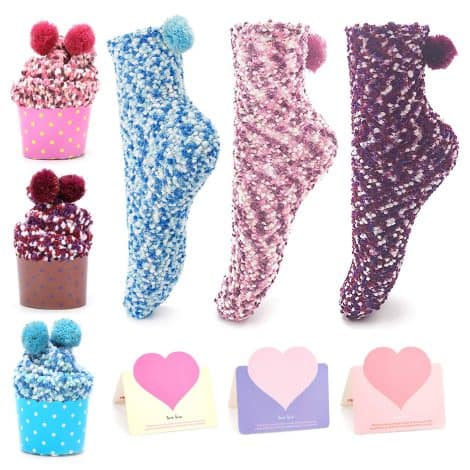 Ensemble de chaussettes amusantes “Gâteau sucré” pour filles avec boîte-cadeau et 3 cartes de présentation de Noël.