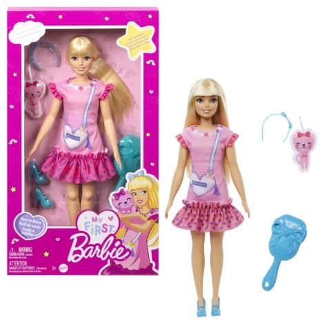 Barbie – Le premier jouet pour enfants, poupée blonde de 34 cm avec chaton en peluche, accessoires inclus.