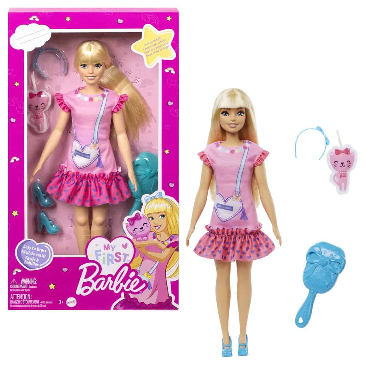 Barbie - Ma Première Barbie, Poupée Pour Tout-Petits, Ma Première Barbie Poupée Malibu, 34 Cm, Blonde Avec Chaton En Peluche, Accessoires, Corps Doux Et Flexible, Jouet Enfant, Dès 3 Ans, Hll19