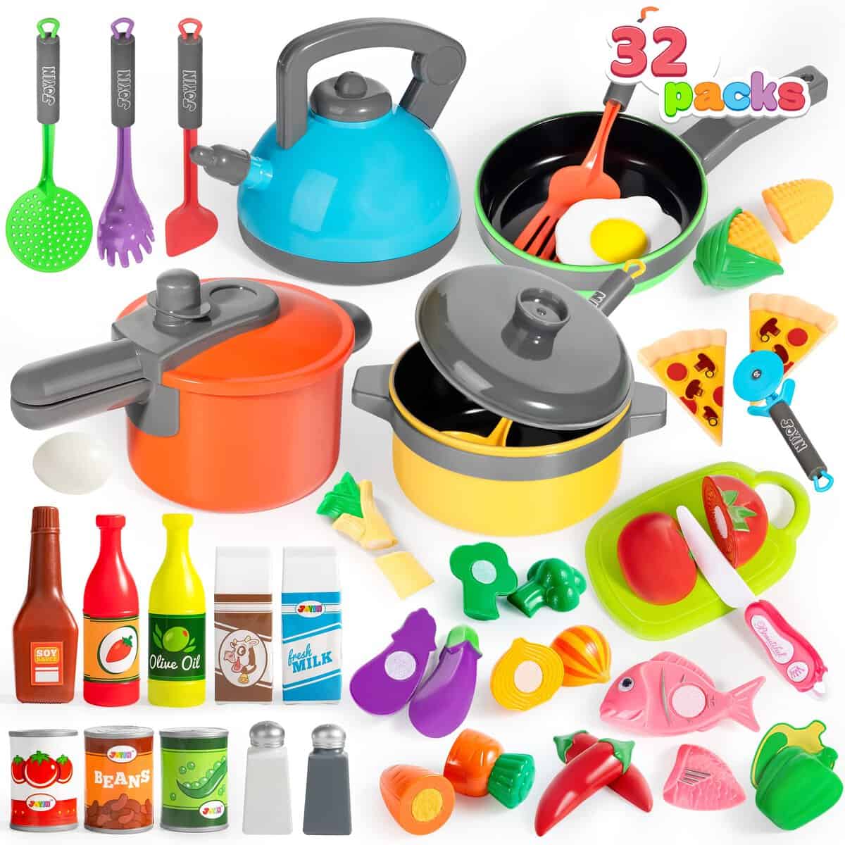 JOYIN 36 pièces Ensemble de Cuisine pour Enfants, Jouet de Simulation de Nourriture, Ensemble de Batterie de Cuisine Ustensiles Jouets, Cadeaux pour Tout-Petits garçons Filles âgés de 1 à 8 Ans