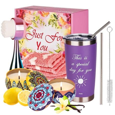 Coffret cadeau pour femmes, idées cadeaux :Tasse isotherme, bougie parfumée, coffret noel, Saint-Valentin, couleur violette.