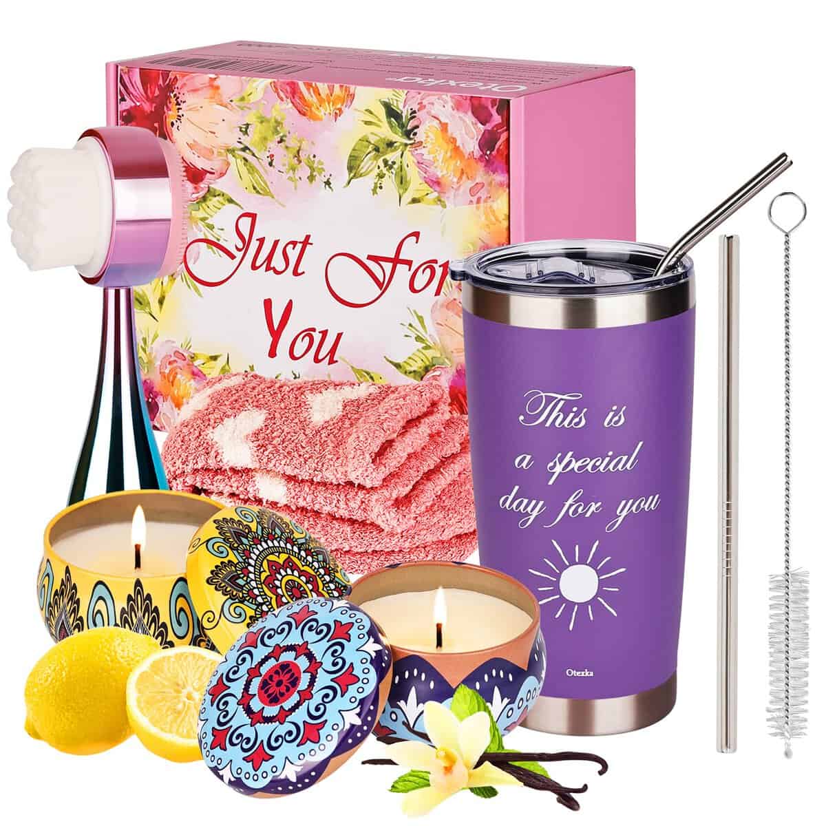 Otexka Coffret cadeau, cadeau de Noël pour femmes, Cadeaux d'anniversaire pour femmes, idée cadeau femme | Tasse isotherme avec paille, Bougie parfumée, coffret noel, Saint-Valentin; |Violet