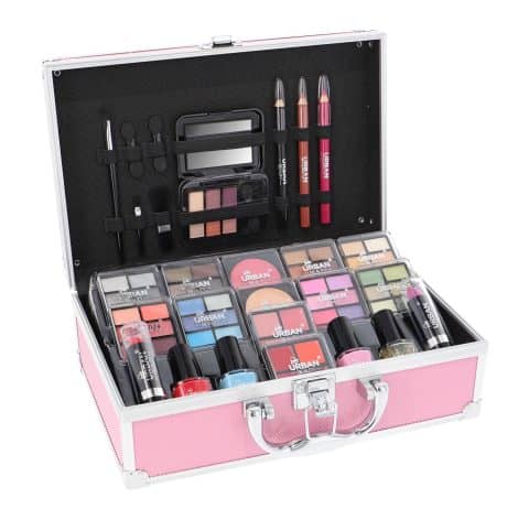 Ensemble maquillage végétalien rose vif LOVE URBAN BEAUTY – 82 pièces pour adolescentes et femmes avec fards à paupières, rouges à lèvres et vernis à ongles.