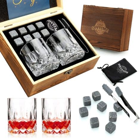 Coffret cadeau de pierres et verres à whisky avec glaçons réutilisables, comprenant 8 pierres granit et 2 verres whisky. Parfait pour les hommes.