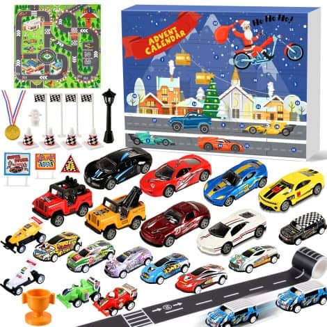 Calendrier surprise Humairc Voiture 2023 : 24 jouets de course avec carte routière. Cadeaux de Noël pour garçon.