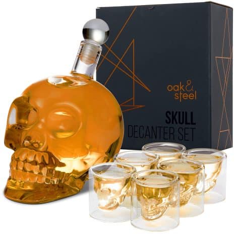 Carafe Crâne en Chêne et Acier (700ml), Set de 6 Verres Whisky Crâne (75ml) – Décoration de Table, Cadeau Original pour Homme à la Saint-Valentin, la Fête des Pères ou un Anniversaire.