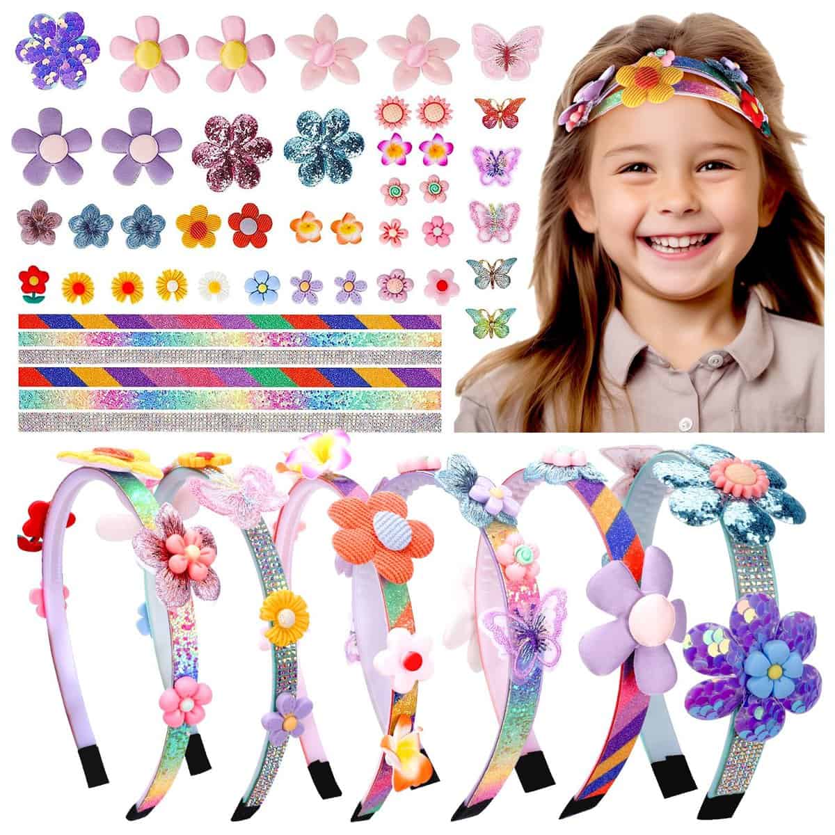 Cadeaux Fille de 5-12 Ans Kit Coiffure Enfant, Serre Tete Anniversaire Deco Cheveux Fille 5 6 7 Ans Activite Manuelle 8 9 10 Ans Fille Jouet Creatif Accessoire Cheveux Diadème Kit Coiffure