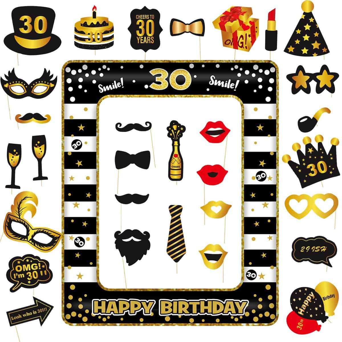 32 Pièces Photo Booth Anniversaire 30 Ans, VEGCOO Gadget Photo Props Accessoires Kit, Accessoires pour Cabines Photographiques Accessoires Photo Booth pour Fête Célébration (30)