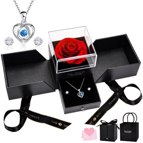 UUEMB Rose Intemporelle avec Parure Cœur, Coffret Cadeau Bijoux pour la Fête des Mères ou Anniversaire.