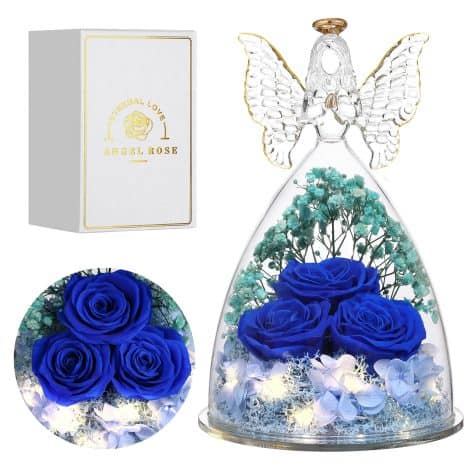 Cadeaux d’ange pour femmes : 3 fleurs préservées dans figurines d’ange en verre. Idéal pour Saint-Valentin, Mères, anniversaire, Noël. Bleu Foncé.