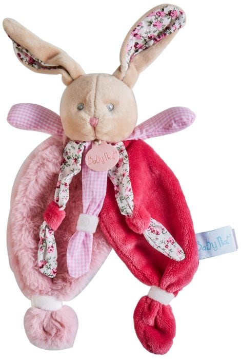 Doudou Lapin Plat Fleuri – Doux lapin à attraper avec de grandes oreilles et nouettes, cadeau de naissance idéal.