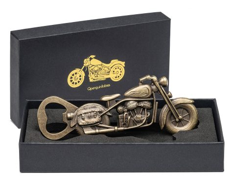 Ouvre-bouteille moto vintage Zinc QpenguinBabies, cadeau unique pour hommes passionnés de bière et de moto.