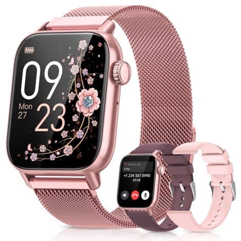 Montre connectée féminine BANLVS avec appel Bluetooth, résistante à l’eau IP68 et 110+ modes sportifs.