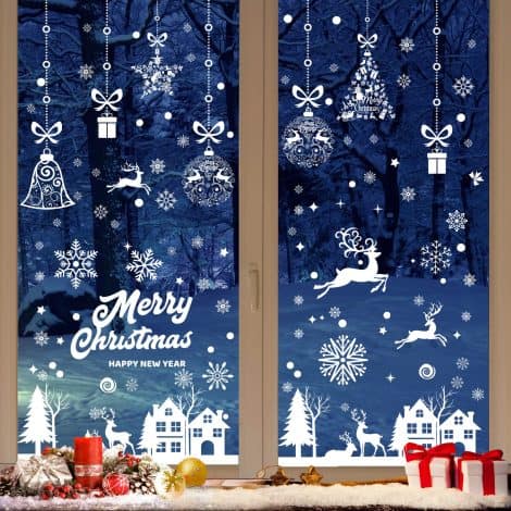 192 Autocollants de Noël pour fenêtres réutilisables, Décoration de Noël électrostatique en PVC, Flocons de neige intérieurs pour porte vitrine en verre.