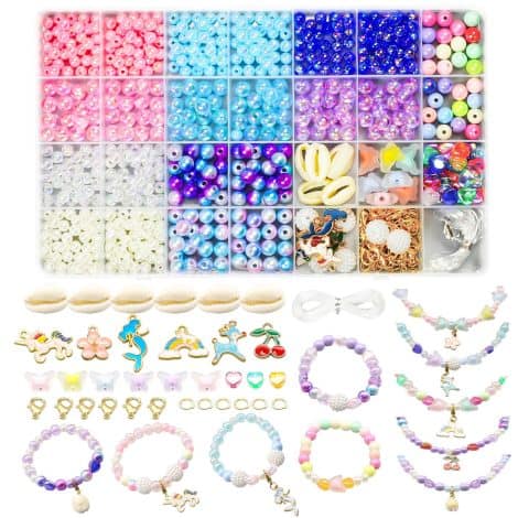 Kit de fabrication de bijoux pour enfants avec plus de 600 perles, pendentif licorne et sirène. Parfait pour les filles de 5 à 12 ans. Idéal pour les cadeaux d’anniversaire ou de Noël.