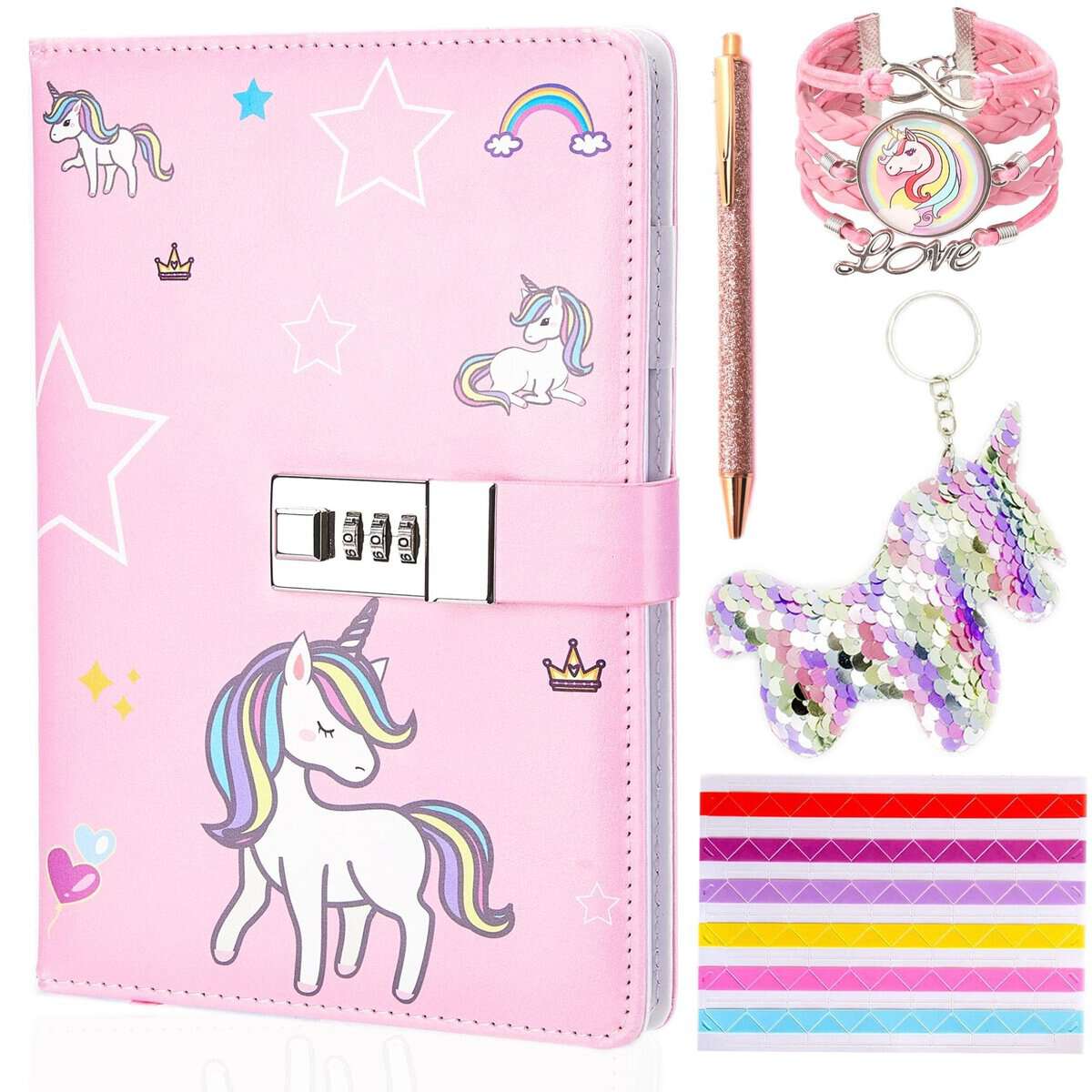 Lubibi Ensemble de Papeterie Licorne,Bloc-Notes verrouillable Licorne,Journaux et Carnets de Licorne pour Enfants avec Stylo Bracelet Porte-clé Cadeaux de Licorne pour Les Filles de 4-11 Ans