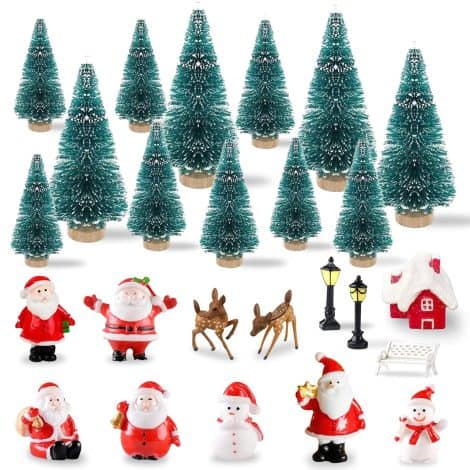 Ensemble de 25 mini décorations de Noël : Père Noël, bonhomme de neige, arbre, cerf. Parfait pour les tables festives.