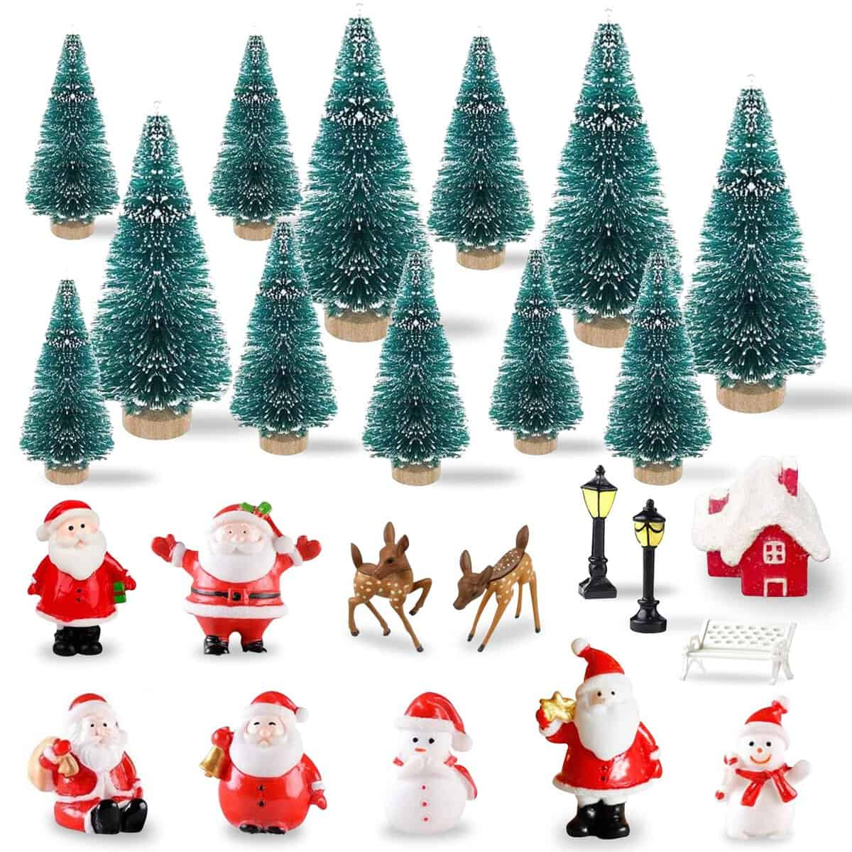 KKSJK 25 Pcs Décoration Miniatures De Noël Decoration De Noël Mini Père Noël/Bonhomme De Neige/Arbre De Noël/Cerf Joyeux Noël Décoration De Table De Fête