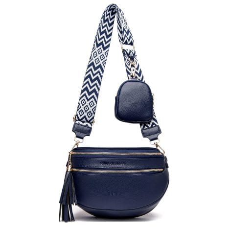 Sac bandoulière en cuir végétalien bleu, 5cm de large, avec porte-monnaie amovible. Style tendance pour femme.