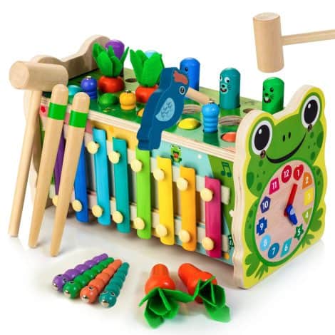 Cadeau d’apprentissage en bois Montessori pour enfants de 12+ mois : 6 en 1 jouets xylomarteau, carotte, développement.