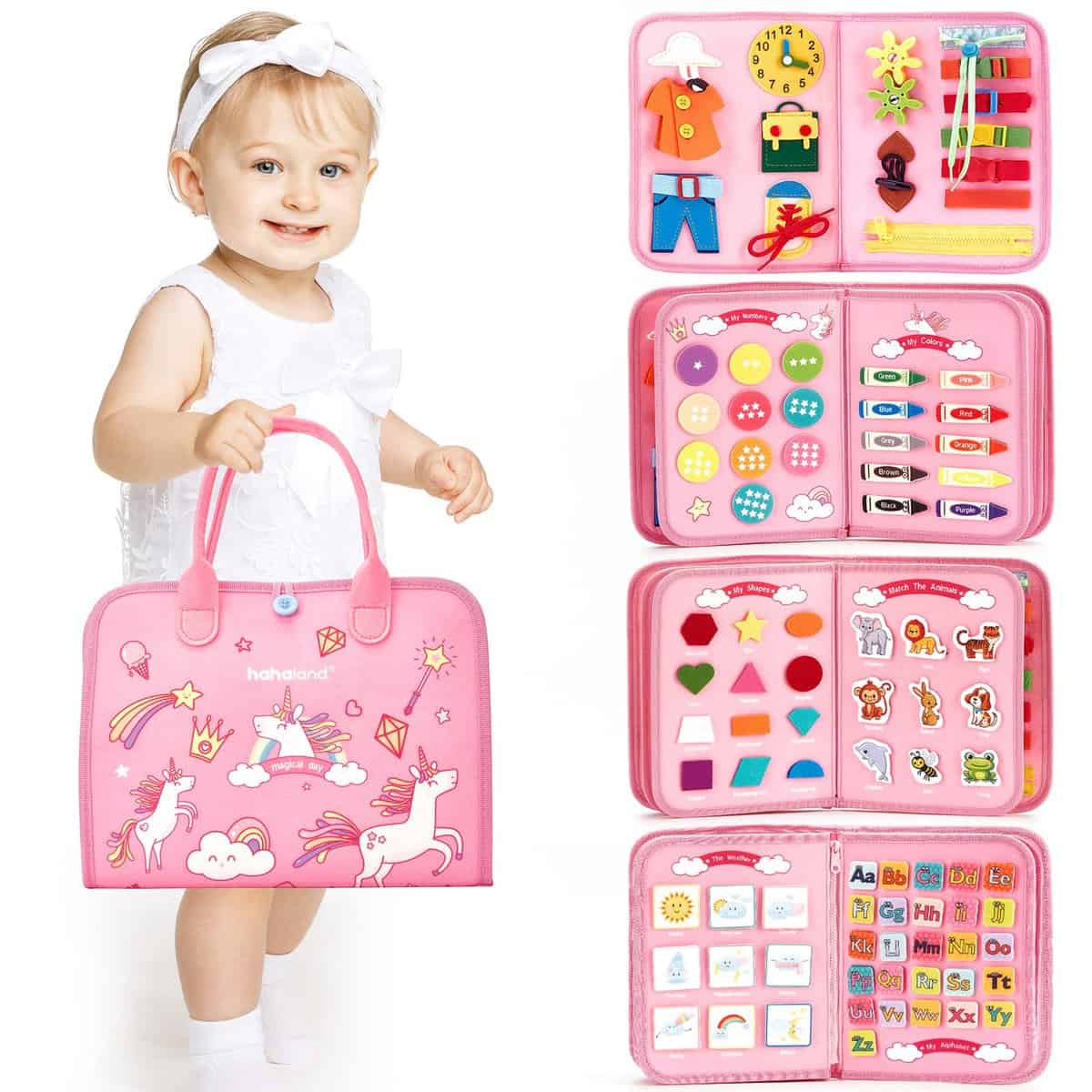 hahaland Busy Board Jouet Licorne Montessori pour 2 3 4 5 Ans, 5 Couches Planche pour 3 Ans, pour Activité et Développement Cadeau pour Enfant Fille 2 3 4 5 6 Ans