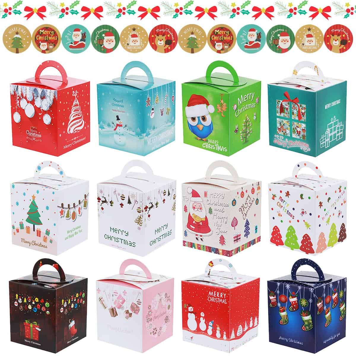 Annhao Lot de 12 Boîtes Cadeau Noël avec 12 Autocollants de Noël, pour Pomme Fruit Chocolat Bonbons Biscuits et Petits Cadeaux, avec Illustrations Mignonnes pour Fête de Noël, Mariage et Fêtes