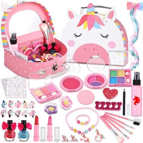 Palette de maquillage lavable pour filles, sans produits toxiques, avec trousse, coffret et sac à main. Parfait pour Noël et anniversaires des 4 à 12 ans.