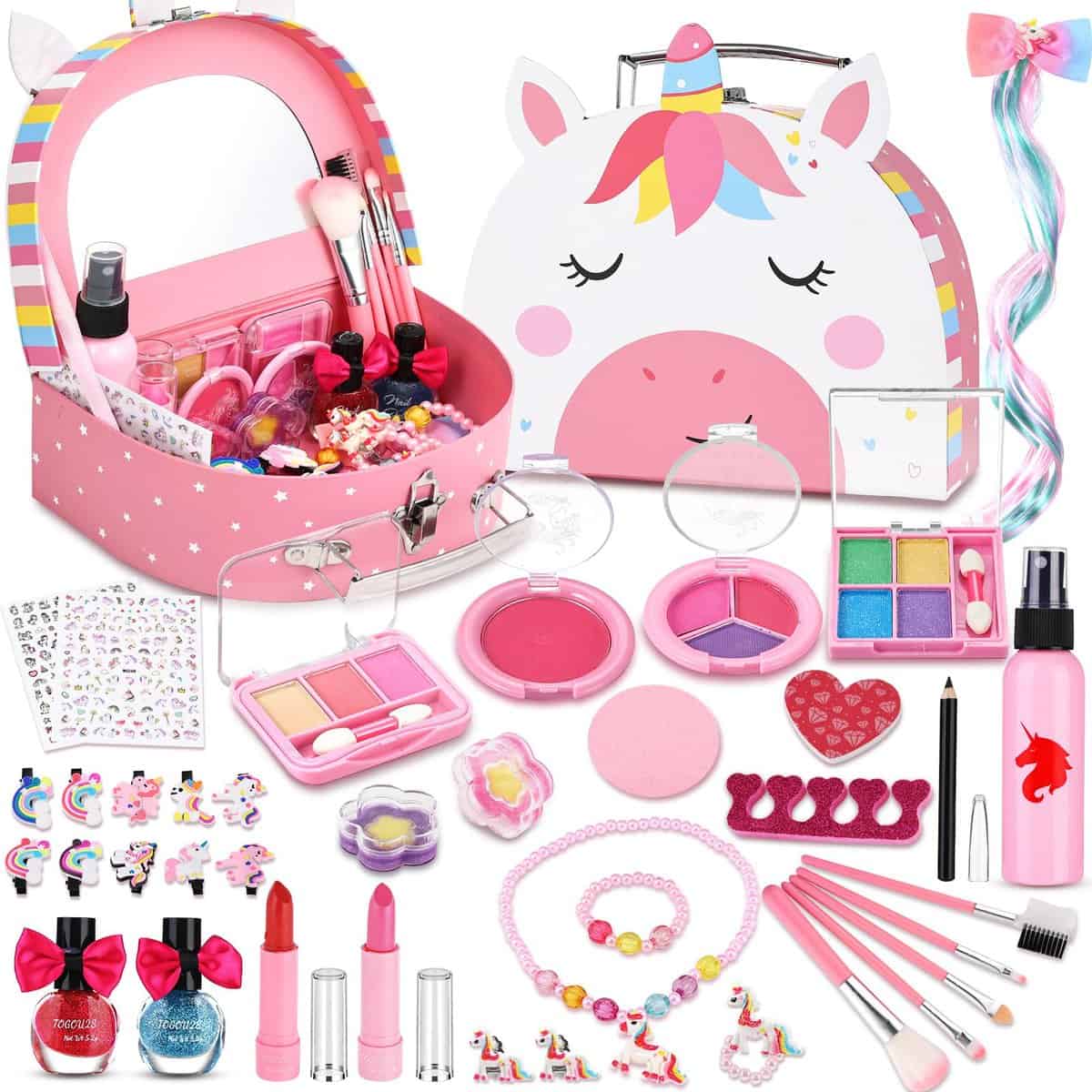 TOGOU2S Maquillage Enfant Fille Lavable Palette Maquillage Enfant Non Toxique Licorne Trousse Maquillage Enfant Coffret Maquillage avec Sac à Main Cadeau de Noël Anniversaire 4 5 6 7 8 9 10 11 12 Ans