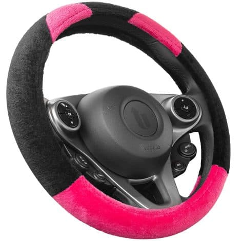 Housse de volant en peluche rose-noir Upgrade4cars pour voiture, taille universelle 37-39 cm. Parfait pour l’été et l’hiver. Idéal comme cadeau.