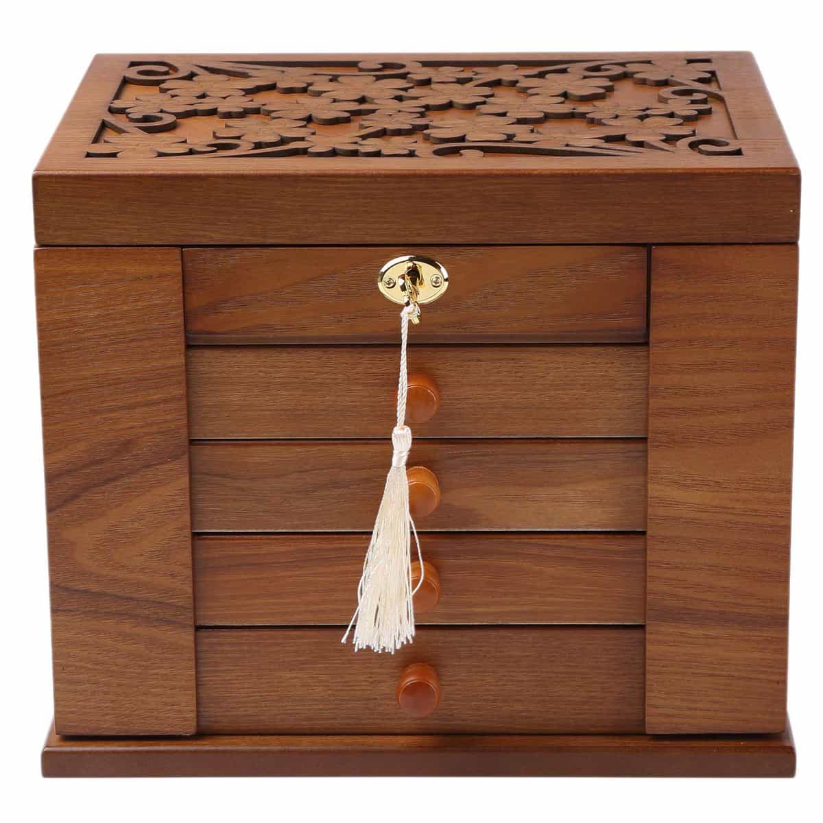 Changsuo Boîte à bijoux en bois pour femme, organiseur massif avec serrure à combinaison pour bijoux, colliers, bagues, boîte de rangement de style vintage avec miroir (cerisier)