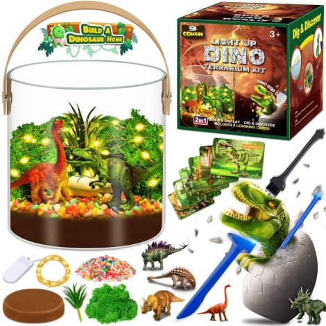 Kit de jeu pour enfants avec dinosaures, terrarium, œufs, fouilles et figurines. Parfait cadeau d’anniversaire pour garçons de 3 à 9 ans.