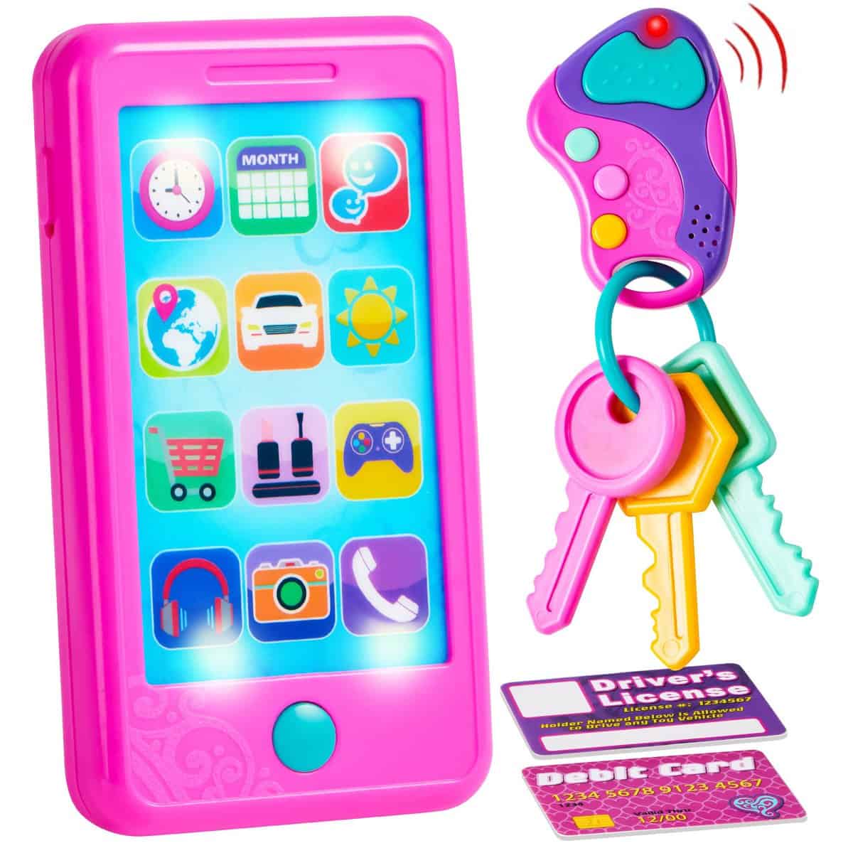 JOYIN Rose Ensemble de Téléphone Portable, Trousseau de Clé et Carte de Crédit Jouet pour Enfants, Jouets pour téléphones pour Enfants, Cadeaux d'anniversaire pour Tout-Petits de 1 2 3 4 5 Ans