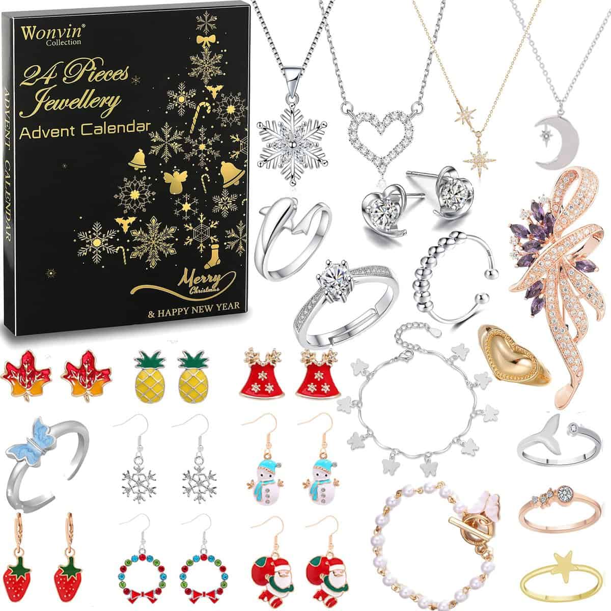 Wonvin Collection Calendrier de l'Avent 2023 pour femme, bracelet, collier, bague, boucles d'oreilles, compte à rebours de 24 jours avant Noël, cadeau pour femme, épouse, fille, fille, maman (D)