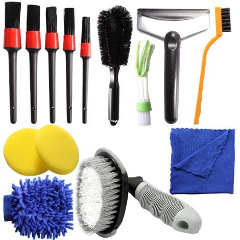 Ensemble de 14 brosses de nettoyage pour l’intérieur de votre voiture – Idéal cadeau pour homme – Avec tampon de polissage, serviette de séchage et gant de lavage intérieur et extérieur.