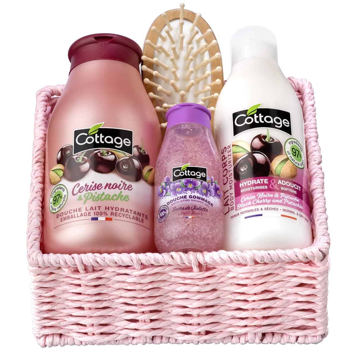 Cottage Coffret Cadeau Cerise noire et Pistache - 1 Gel douche + 1 Douche Gommage + 1 Lait Corps Hydratant + 1 éponge exfoliante - Fabriqué en France